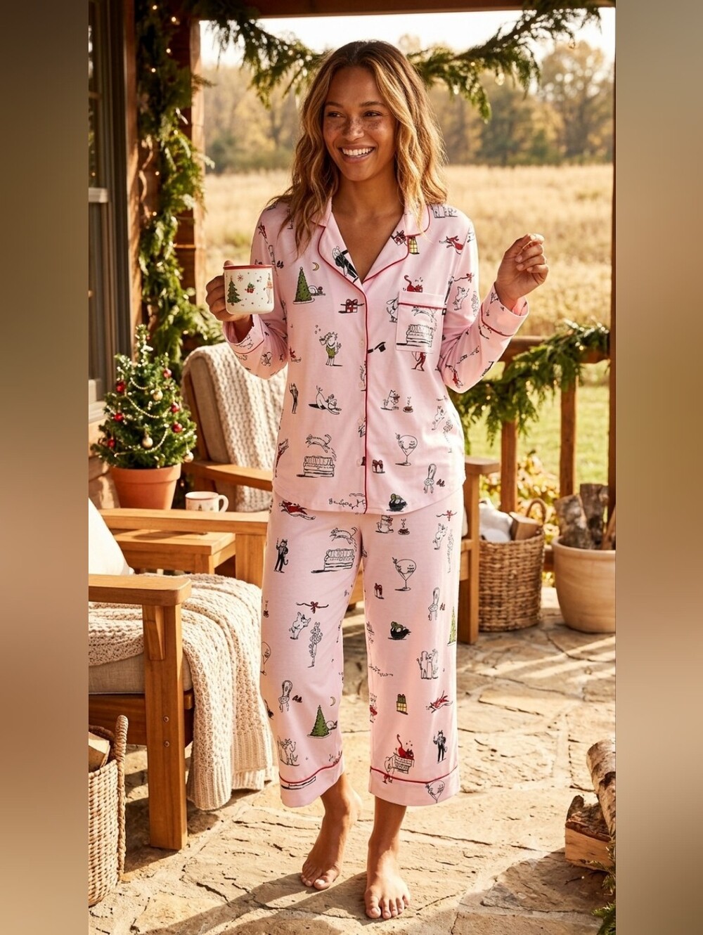 Kate Spade Mischievous Pets Cocktail Holiday Pajama Set Pink Women's Sz M NWT